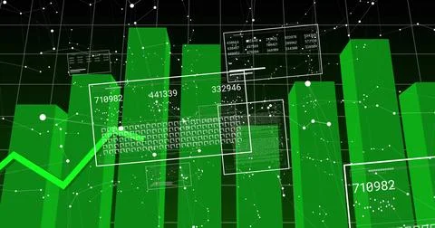 Displaying tall green bar cluster forming bar chart on virtual grid, showing Stock Illustration