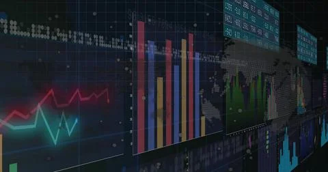 Displaying tall multicolor bar chart on curved control-room wall, with neon line Stock Illustration