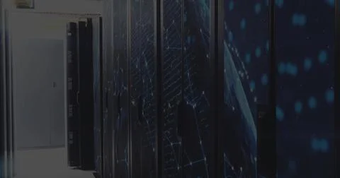 Displaying tall server cabinets glowing with blue globe graphics in data cent Stock Photos