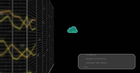 Displaying tall server rack showing yellow waveforms at left, neon cloud and Foto stock