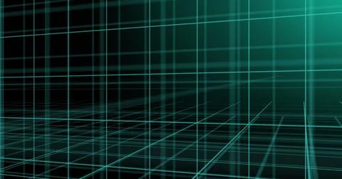 Displaying teal 3D grid network receding into digital gridscape, showing Illustrazione stock