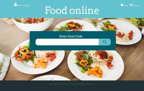 Displaying teal area code search box on food online page with nav-icons, Foto stock