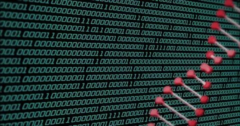 Displaying teal binary matrix filling monitor screen, featuring diagonal red 스톡 일러스트