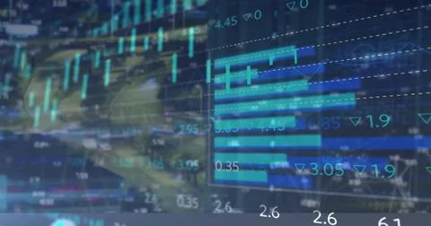 Displaying teal-blue candlesticks centered on dashboard over blurred aerial Stock Photos