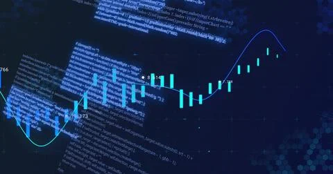 Displaying teal candlestick chart tracing smooth trend line on dark dashboard Illustrazione stock