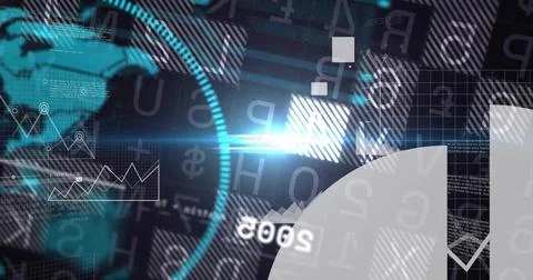 Displaying teal circular HUD moving on digital dashboard with ring ticks, world Stock Illustration