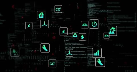 Displaying teal cluster showing CO2, wind, plug on cyber dashboard, with code Stock Photos