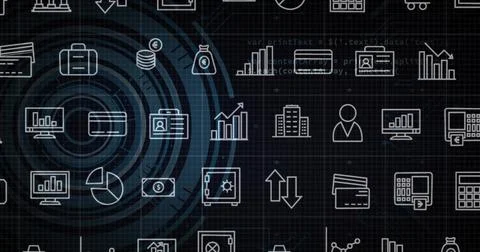 Displaying teal concentric rings combining with white finance icons on dark grid Illustrazione stock