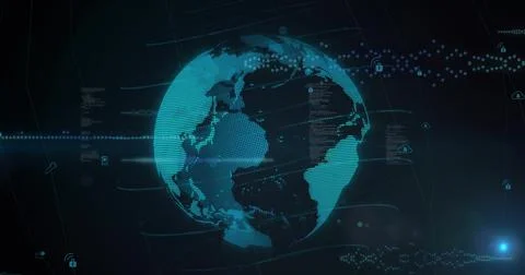 Displaying teal-cyan dotted globe rotating in dark digital dashboard, with cloud 스톡 일러스트