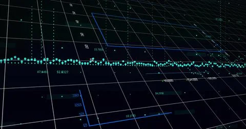 Displaying teal data band across angled grid in 3D analytics dashboard, with Stock Illustration