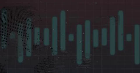 Displaying teal data bar chart on digital dashboard, with world map and code Stock Photos