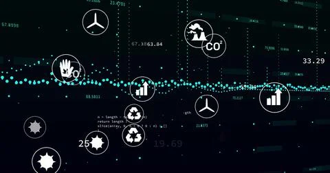 Displaying teal data line linking environmental icons on dark dashboard with Stock Photos