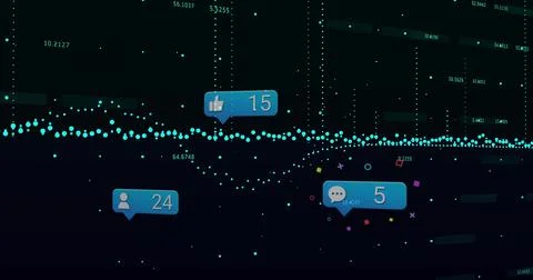 Displaying teal dot waveform on dark analytics panel, showing notification Stock Illustration