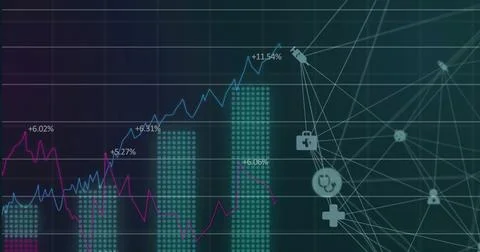 Displaying teal dotted bars on left with blue pink line graphs, network mesh Illustrazione stock