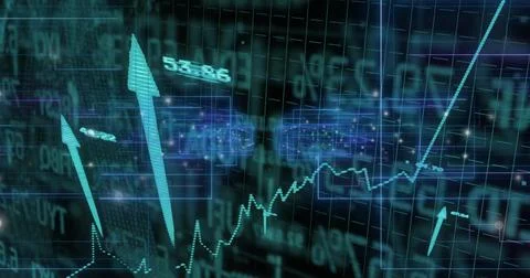 Displaying teal dotted-line graph rising on trading dashboard with arrows, grid 스톡 일러스트