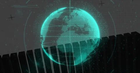 Displaying teal dotted mesh globe hovering in virtual data space, with UI arcs 스톡 일러스트