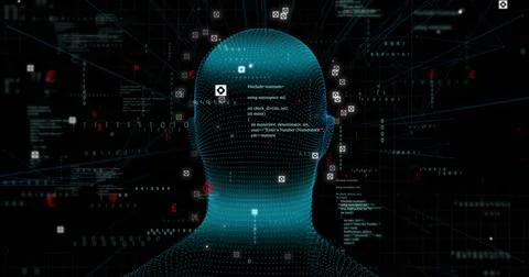 Displaying teal dotted mesh head emitting node links in virtual cyberspace, with Stock Photos