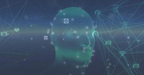 Displaying teal dotted mesh head connecting to square icons gear heart Wi-Fi in Stock Photos