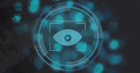 Displaying teal eye icon pulsing in HUD rings and focus brackets on interface, Stock Illustration
