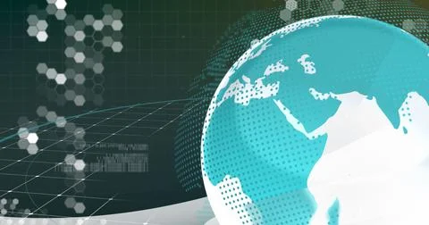 Displaying teal globe in digital background on right, showing wireframe grid, Stock Photos