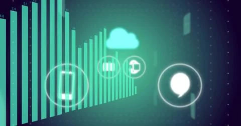 Displaying teal-green bar chart projecting translucent HUD icons in virtual Illustrazione stock