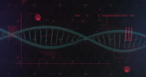 Displaying teal green DNA double helix running across dark hexagonal grid UI, 库存照片