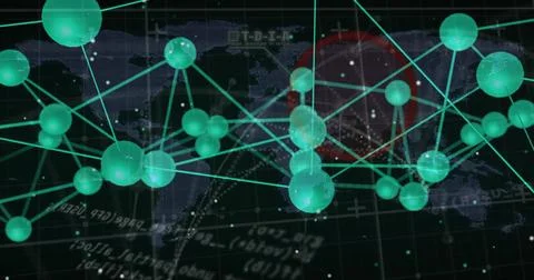 Displaying teal green node cluster with glowing lines over world map and grid, Ilustração Stock