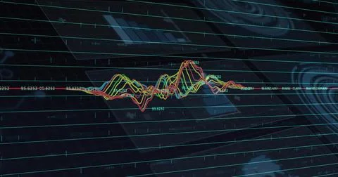 Displaying teal grid interface screen showing multi-colored waveform lines with 库存插图
