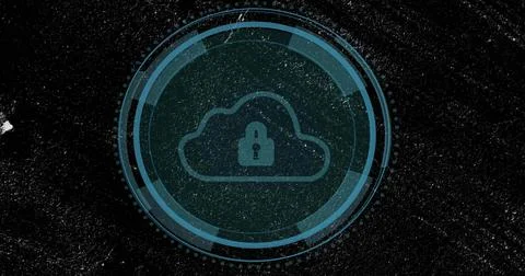 Displaying teal HUD floating on dark grit field, with cloud padlock and rings, Illustrazione stock