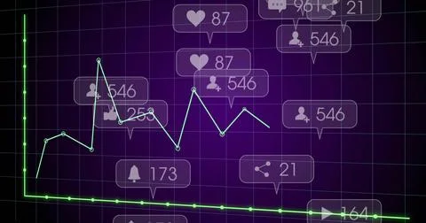Displaying teal jagged line with nodes on dark purple grid, showing green bas Illustrazione stock
