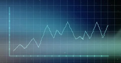 Displaying teal jagged line plot glowing on dashboard screen, with y-axis, x- Ilustración de archivo