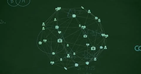 Displaying teal network centered on green chalkboard, linking hearts, users, med Stock Photos