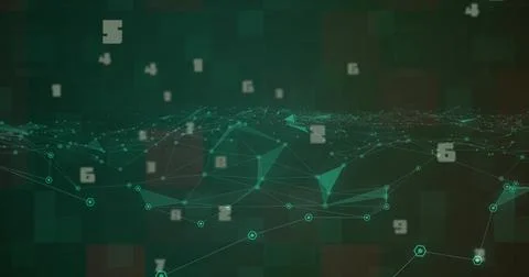 Displaying teal network mesh in virtual data field, showing connected nodes, Stock Illustration