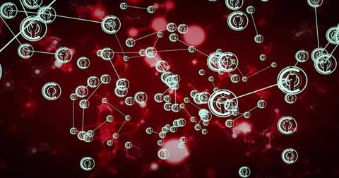 Displaying teal node network forming layered clusters on deep crimson backdrop, Illustrazione stock