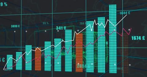 Displaying teal-orange bars and white magenta lines on dashboard, with currency Stock Photos