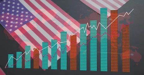 Displaying teal-orange bars climbing on infographic, with white-red lines, U Stock Illustration