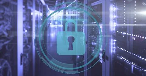 Displaying teal padlock hovering in data center corridor, with circular graphics Stock Illustration