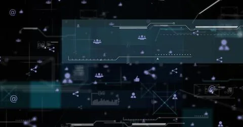 Displaying teal panel spanning digital interface, with floating user icons and Stock Illustration