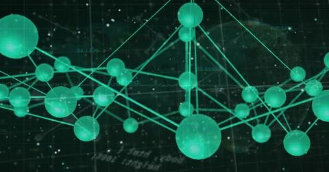 Displaying teal spheres linking via triangular glowing edges in virtual grid, Illustrazione stock