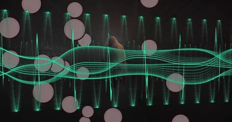 Displaying teal waveform flowing on dark screen, with pink bokeh and vertical Illustrazione stock