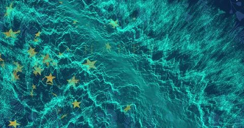 Displaying teal waveform sweeping across virtual data stream, with golden-yellow Stock Photos