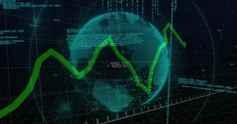 Displaying teal wireframe globe rotating in digital HUD, with bright green tr Stock Illustration
