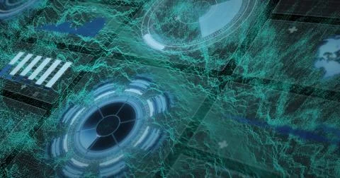 Displaying teal wireframe mesh in cyberspace, with circular HUD interfaces and Stock Illustration