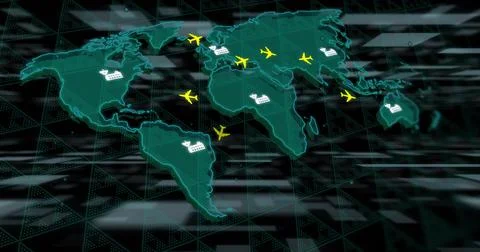Displaying teal world map pulsing on dark grid, showing yellow planes, white Stock Illustration