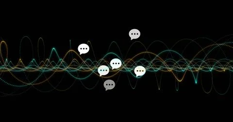 Displaying teal yellow white waveforms oscillating in dark digital space with Foto stock