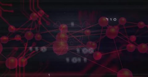 Displaying tech HUD showing red nodes connecting thin red lines, with binary 스톡 사진