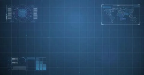 Displaying tech interface in dashboard, with grid overlay, globe projection, Stock Illustration