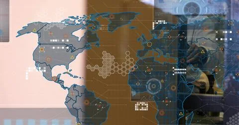 Displaying tech map UI on control screen showing hex grid, device reflection Foto stock