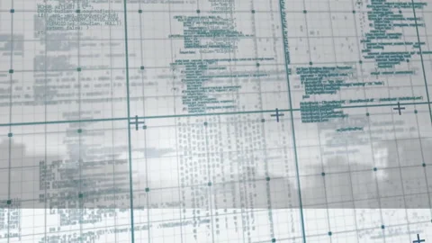 Displaying technical data and code with blue markings in animation grid Video stock 304843661