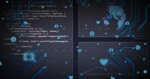Displaying technology dashboard pulsing across dark grid, with stylized globe, Stock Illustration
